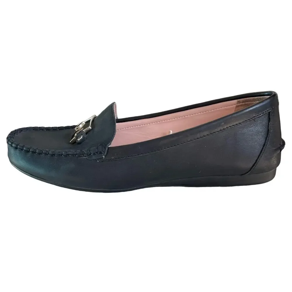 Kate Spade Black Carmen Leather Driving Loafers with Silver Spade Hardware 7B